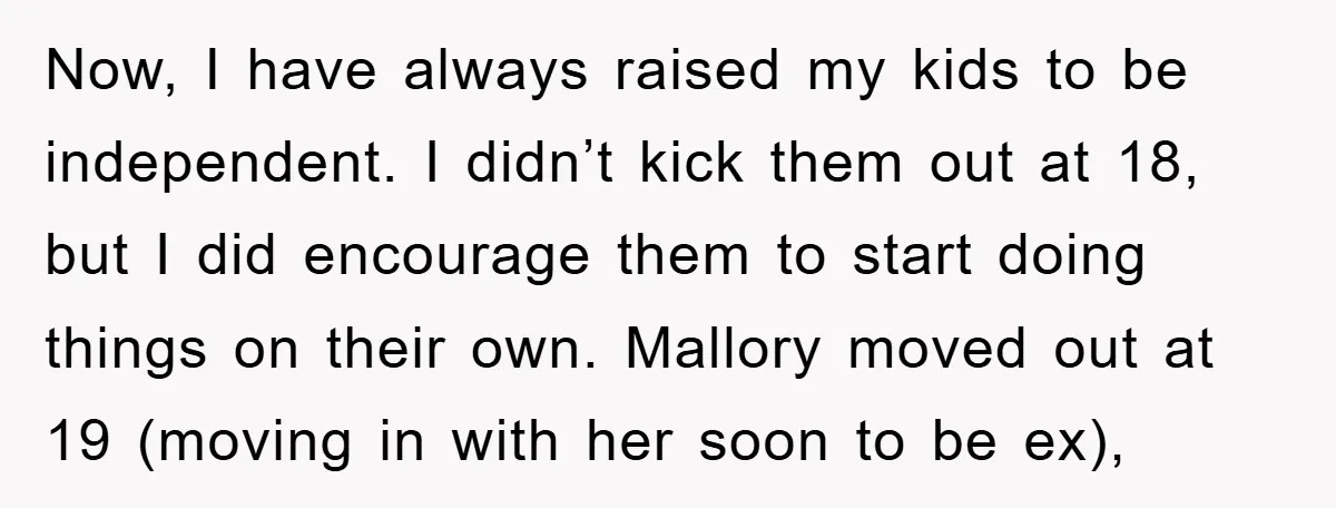Now, I have always raised my kids to be independent. I didn’t kick them out at 18, but I did encourage them to start doing things on their own. Mallory...