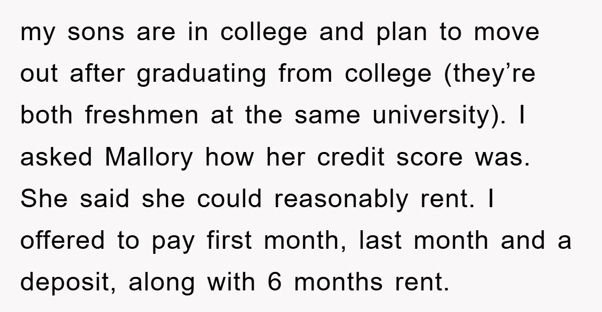 my sons are in college and plan to move out after graduating from college (they’re both freshmen at the same university). I asked Mallory how her credit score was. She...