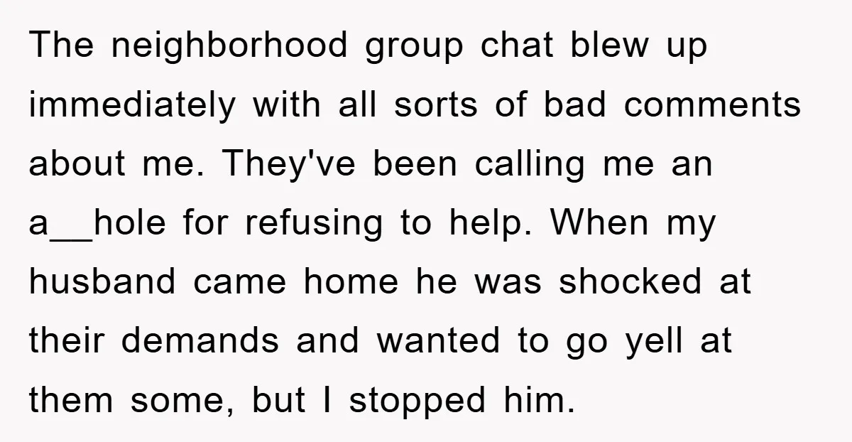 The neighborhood group chat blew up immediately with all sorts of bad comments about me. They've been calling me an a__hole for refusing to help. When my husband came home...