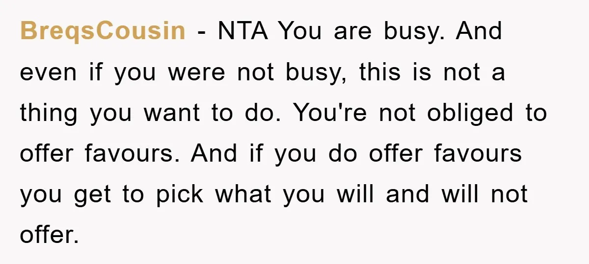 BreqsCousin − NTA You are busy. And even if you were not busy, this is not a thing you want to do. You're not obliged to offer favours. And if...