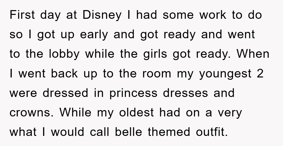 First day at Disney I had some work to do so I got up early and got ready and went to the lobby while the girls got ready. When I...