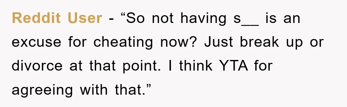 Reddit User - “So not having s__ is an excuse for cheating now? Just break up or divorce at that point. I think YTA for agreeing with that.”