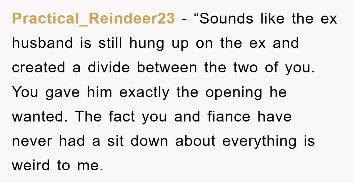 Practical_Reindeer23 - “Sounds like the ex husband is still hung up on the ex and created a divide between the two of you. You gave him exactly the opening he...