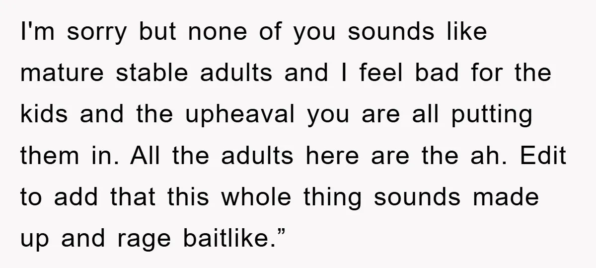 I'm sorry but none of you sounds like mature stable adults and I feel bad for the kids and the upheaval you are all putting them in. All the adults...