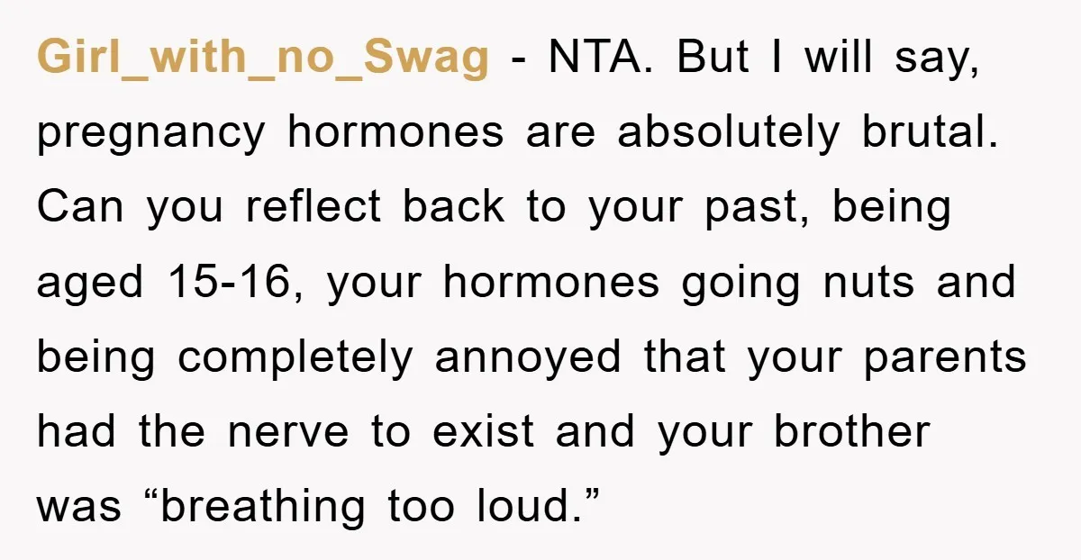 Girl_with_no_Swag − NTA. But I will say, pregnancy hormones are absolutely brutal. Can you reflect back to your past, being aged 15-16, your hormones going nuts and being completely annoyed...