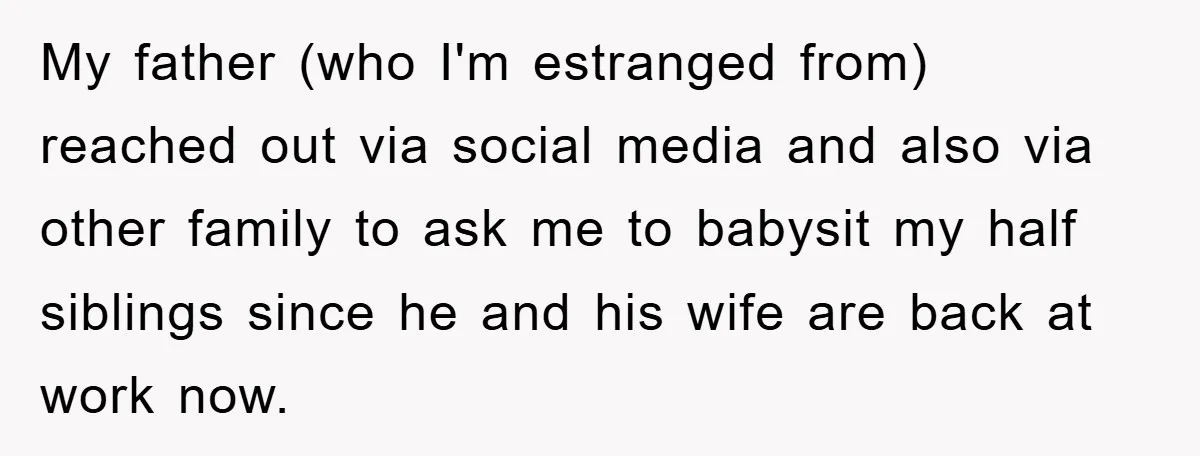 My father (who I'm estranged from) reached out via social media and also via other family to ask me to babysit my half siblings since he and his wife are...