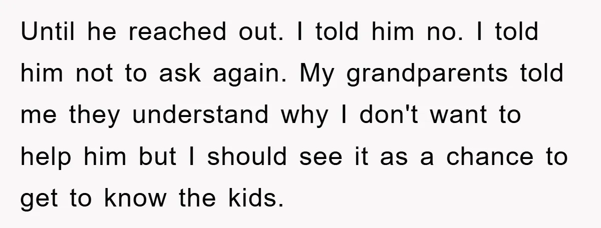 Until he reached out. I told him no. I told him not to ask again. My grandparents told me they understand why I don't want to help him but I...