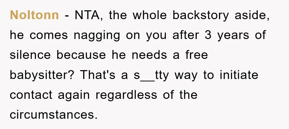 Noltonn − NTA, the whole backstory aside, he comes nagging on you after 3 years of silence because he needs a free babysitter? That's a s__tty way to initiate contact...