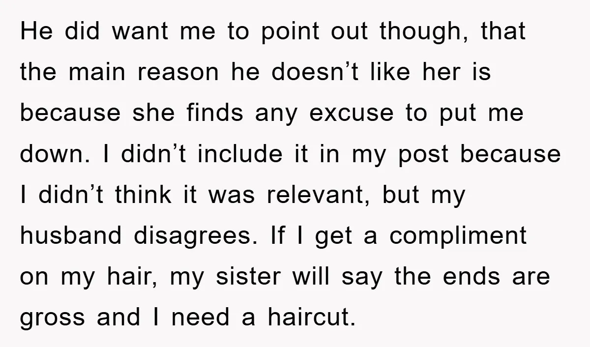 He did want me to point out though, that the main reason he doesn’t like her is because she finds any excuse to put me down. I didn’t include it...
