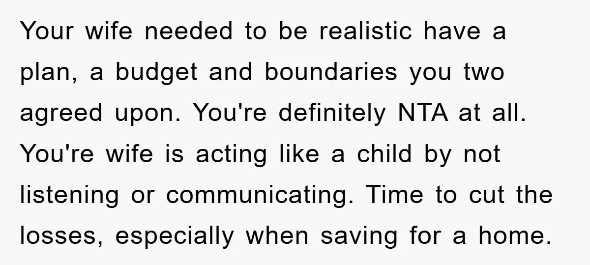 Your wife needed to be realistic have a plan, a budget and boundaries you two agreed upon. You're definitely NTA at all. You're wife is acting like a child by...