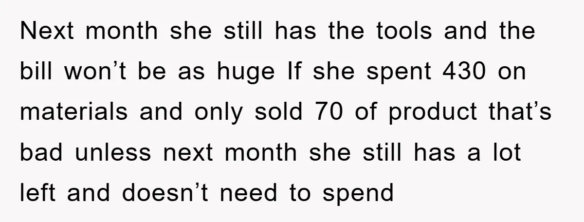 Next month she still has the tools and the bill won’t be as huge If she spent 430 on materials and only sold 70 of product that’s bad unless next...