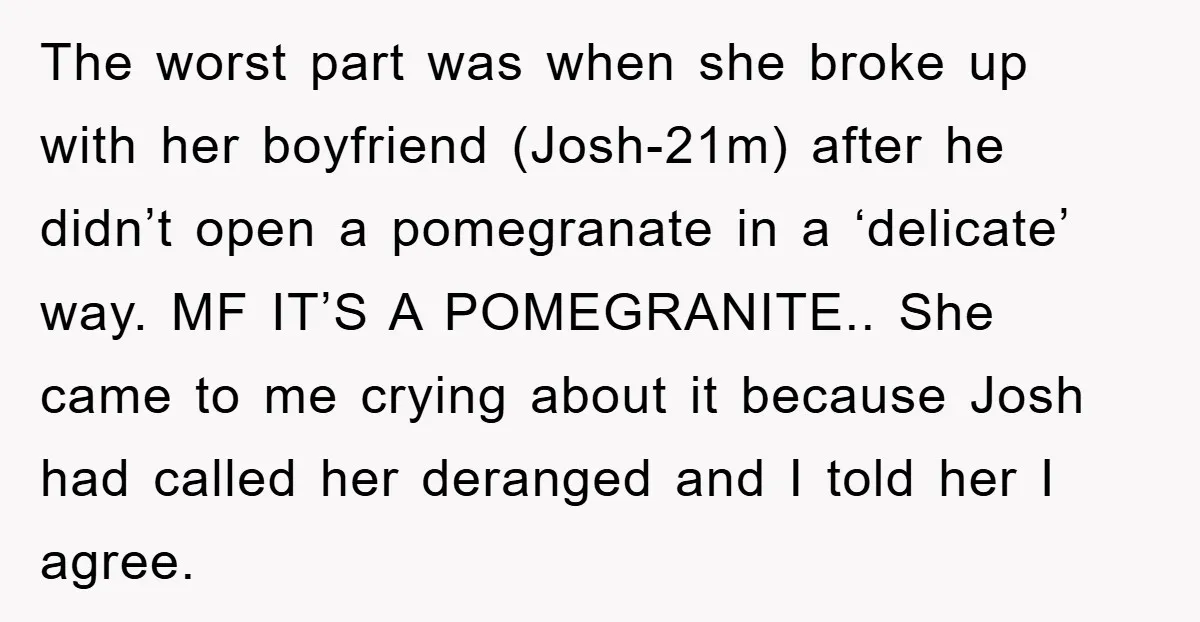 The worst part was when she broke up with her boyfriend (Josh-21m) after he didn’t open a pomegranate in a ‘delicate’ way. MF IT’S A POMEGRANITE.. She came to me...
