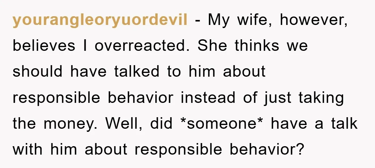 yourangleoryuordevil − My wife, however, believes I overreacted. She thinks we should have talked to him about responsible behavior instead of just taking the money. Well, did *someone* have a...