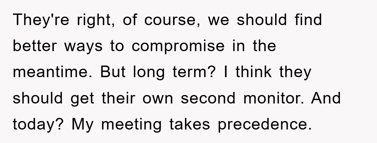 They're right, of course, we should find better ways to compromise in the meantime. But long term? I think they should get their own second monitor. And today? My meeting...