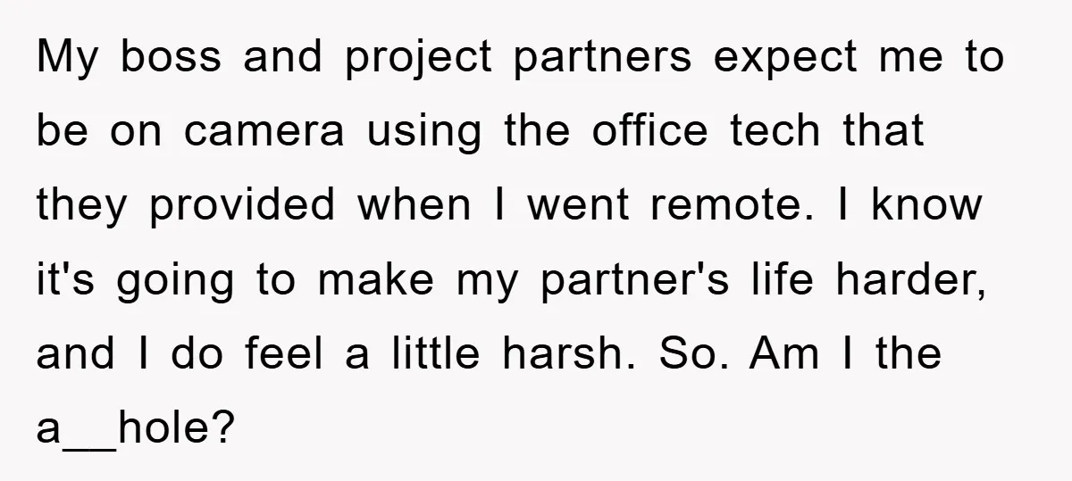 My boss and project partners expect me to be on camera using the office tech that they provided when I went remote. I know it's going to make my partner's...