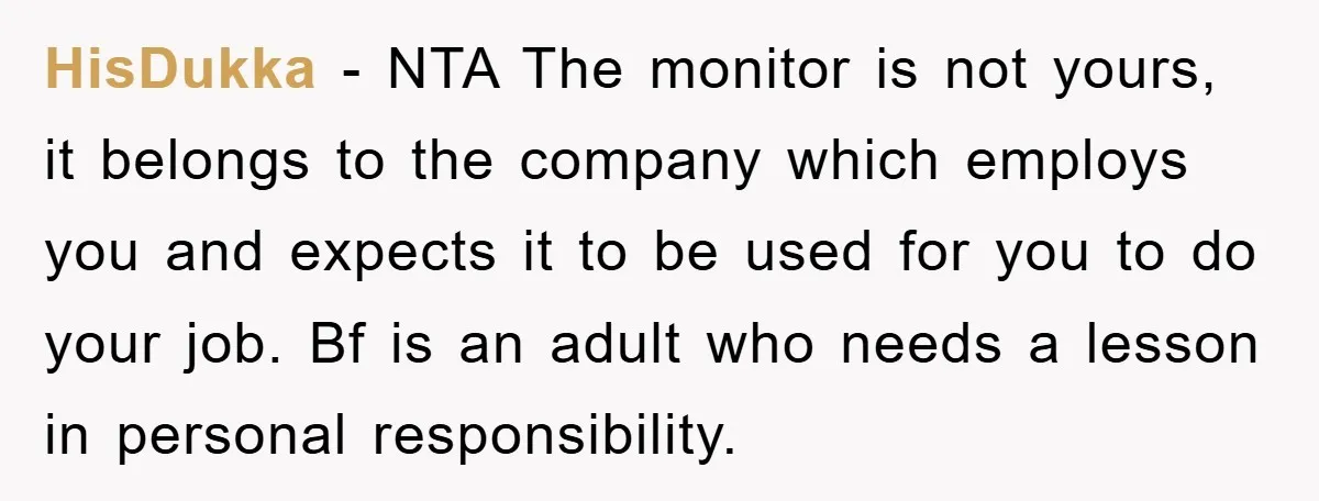 HisDukka − NTA The monitor is not yours, it belongs to the company which employs you and expects it to be used for you to do your job. Bf is...