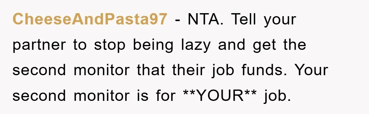 CheeseAndPasta97 − NTA. Tell your partner to stop being lazy and get the second monitor that their job funds. Your second monitor is for **YOUR** job.