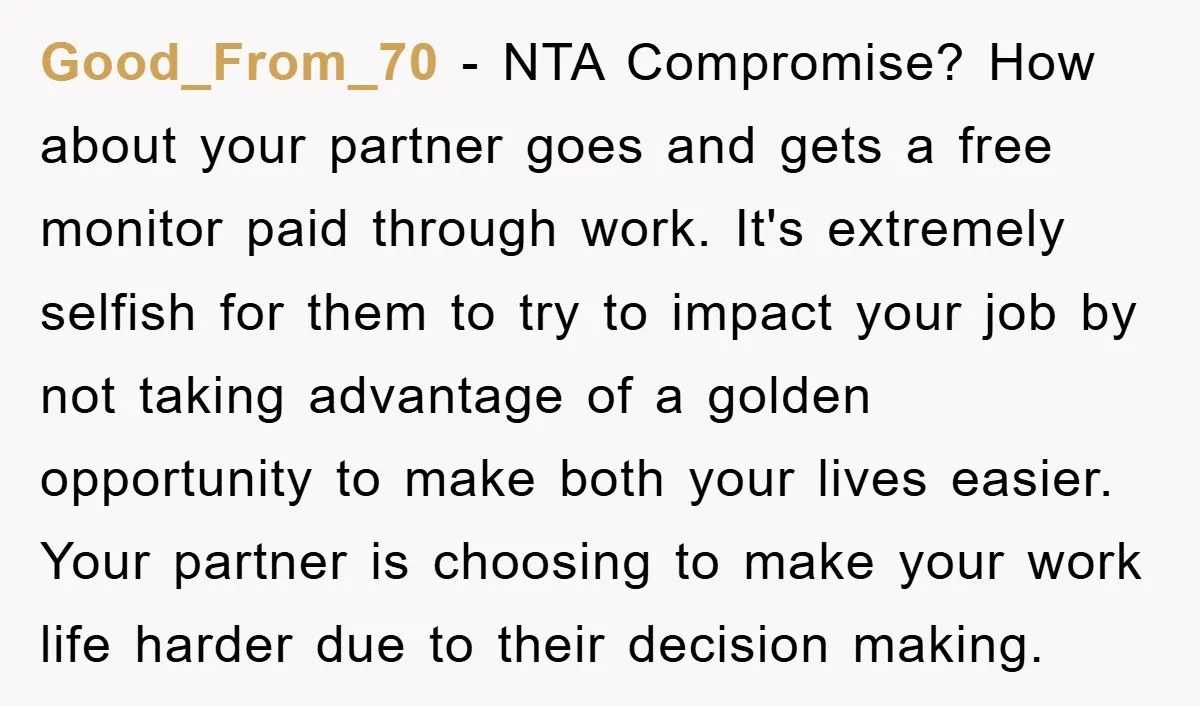 Good_From_70 − NTA Compromise? How about your partner goes and gets a free monitor paid through work. It's extremely selfish for them to try to impact your job by not...