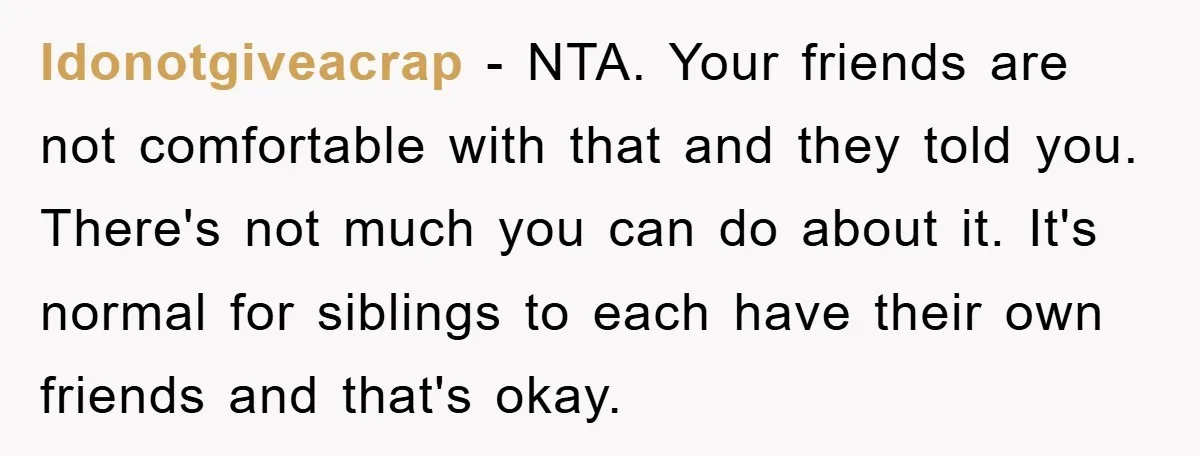 Idonotgiveacrap − NTA. Your friends are not comfortable with that and they told you. There's not much you can do about it. It's normal for siblings to each have their...