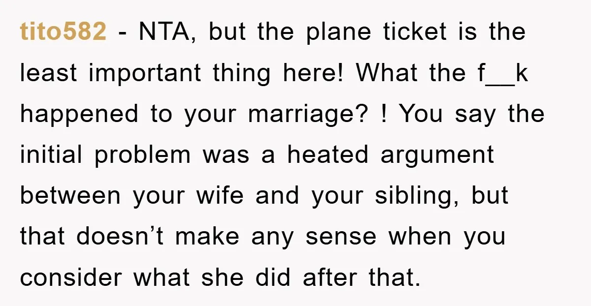 tito582 − NTA, but the plane ticket is the least important thing here! What the f__k happened to your marriage? ! You say the initial problem was a heated argument...