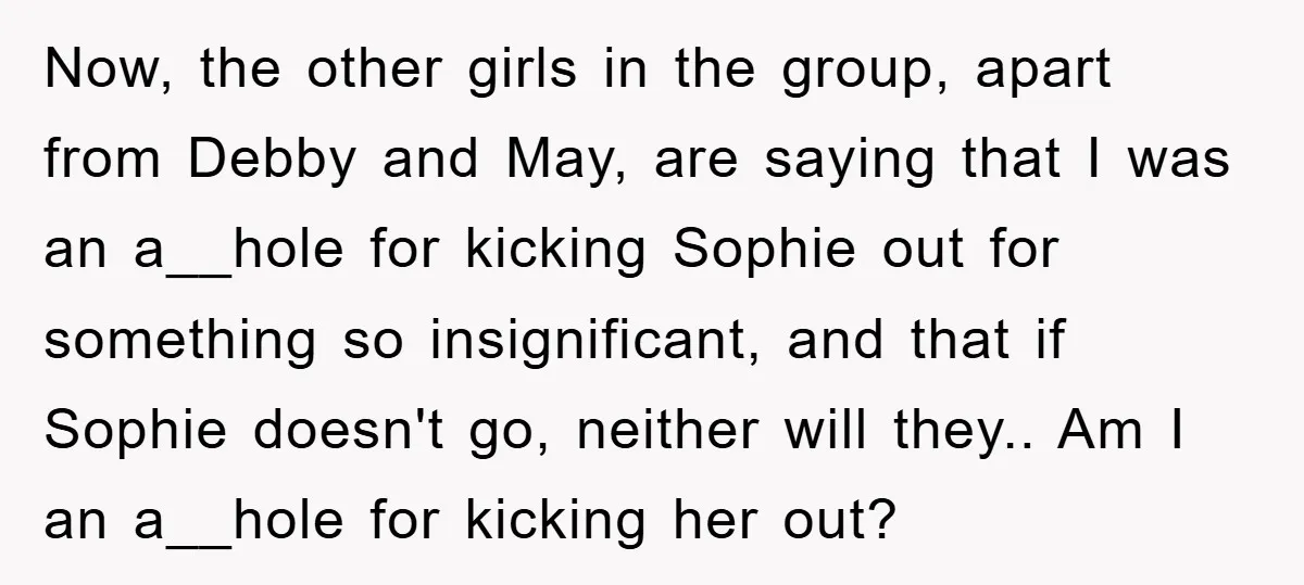 Now, the other girls in the group, apart from Debby and May, are saying that I was an a__hole for kicking Sophie out for something so insignificant, and that if...