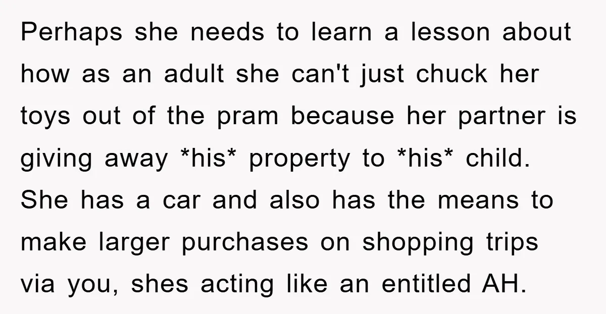 Perhaps she needs to learn a lesson about how as an adult she can't just chuck her toys out of the pram because her partner is giving away *his* property...