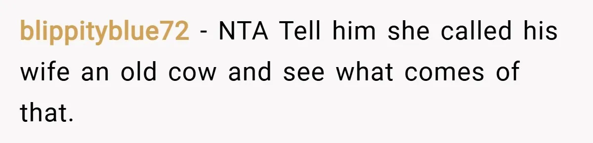 blippityblue72 − NTA Tell him she called his wife an old cow and see what comes of that.