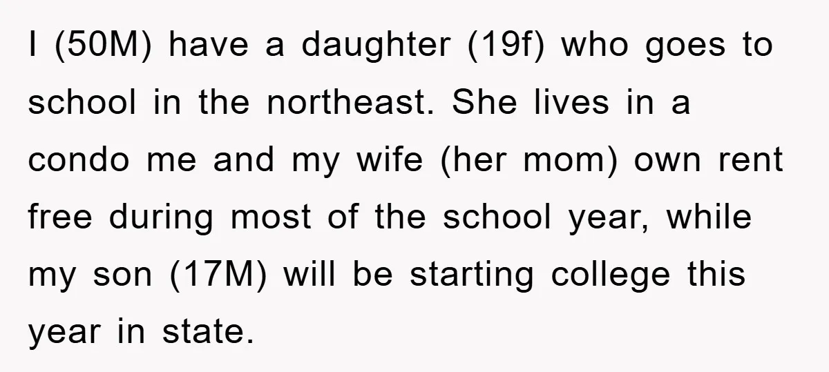 I (50M) have a daughter (19f) who goes to school in the northeast. She lives in a condo me and my wife (her mom) own rent free during most of...