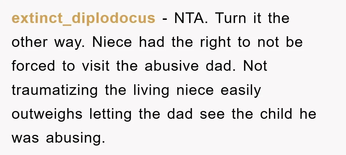 extinct_diplodocus − NTA. Turn it the other way. Niece had the right to not be forced to visit the abusive dad. Not traumatizing the living niece easily outweighs letting the...