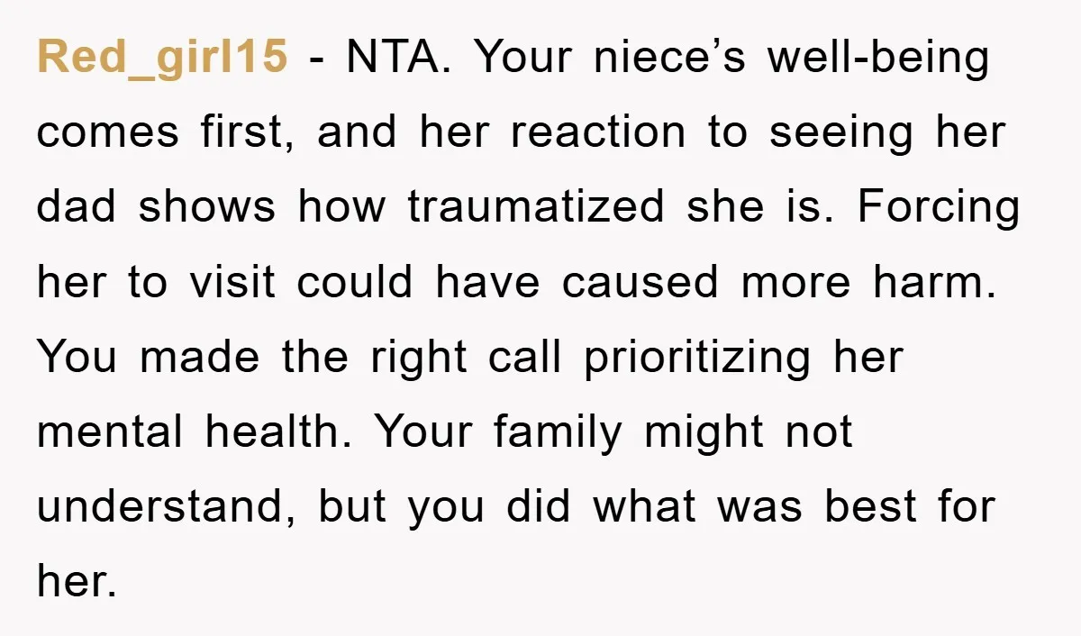 Red_girl15 − NTA. Your niece’s well-being comes first, and her reaction to seeing her dad shows how traumatized she is. Forcing her to visit could have caused more harm. You...