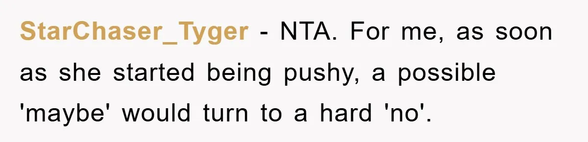StarChaser_Tyger − NTA. For me, as soon as she started being pushy, a possible 'maybe' would turn to a hard 'no'.
