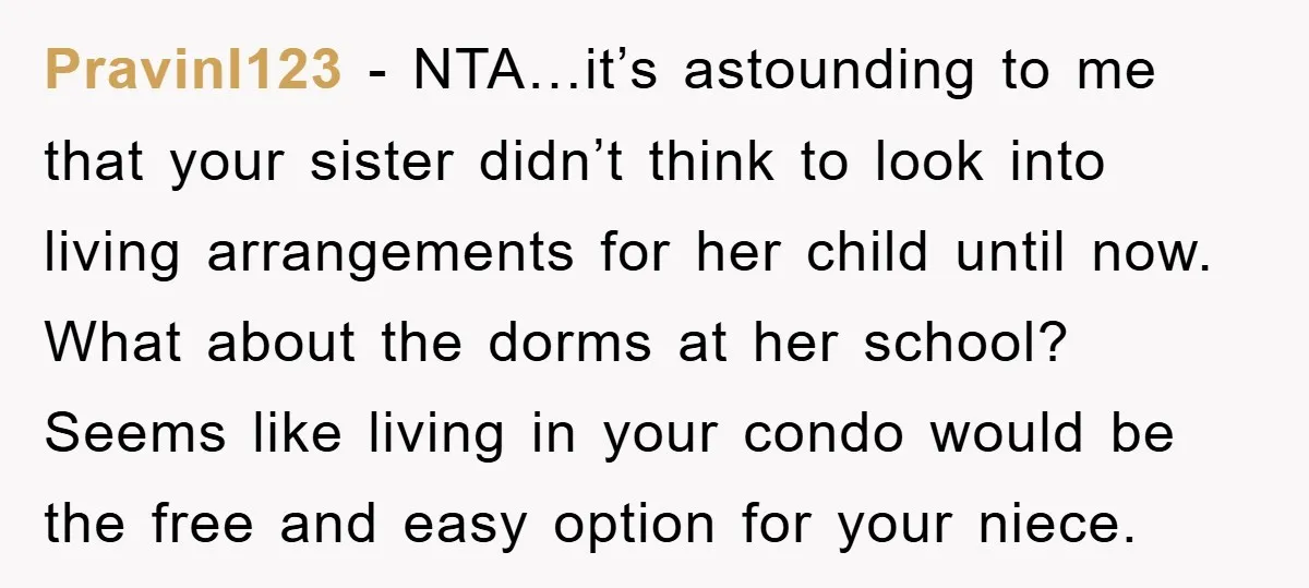 PravinI123 − NTA…it’s astounding to me that your sister didn’t think to look into living arrangements for her child until now. What about the dorms at her school? Seems like...