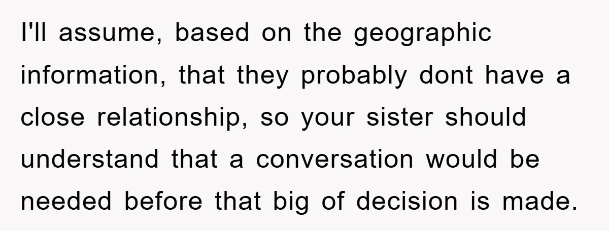 I'll assume, based on the geographic information, that they probably dont have a close relationship, so your sister should understand that a conversation would be needed before that big of...