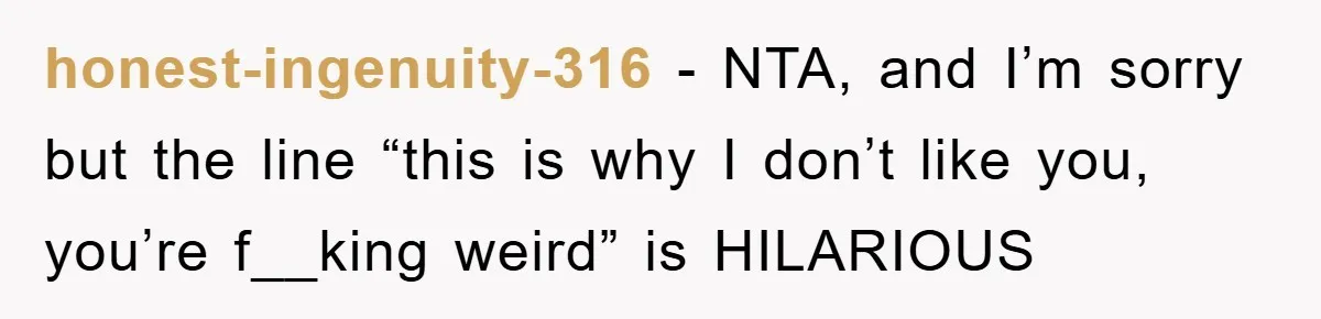 honest-ingenuity-316 − NTA, and I’m sorry but the line “this is why I don’t like you, you’re f__king weird” is HILARIOUS