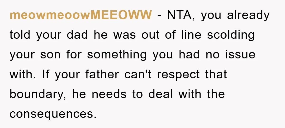 meowmeoowMEEOWW − NTA, you already told your dad he was out of line scolding your son for something you had no issue with. If your father can't respect that boundary,...