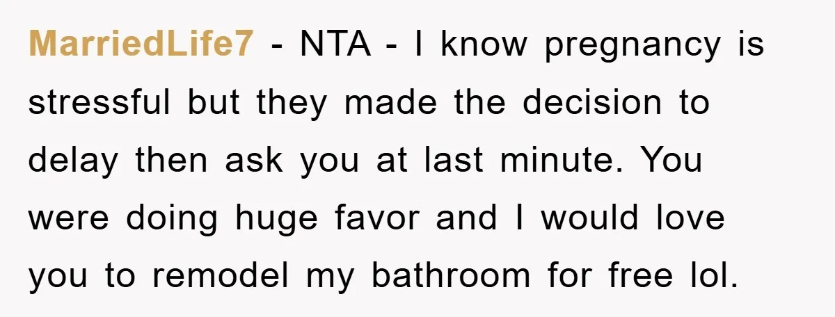 MarriedLife7 − NTA - I know pregnancy is stressful but they made the decision to delay then ask you at last minute. You were doing huge favor and I would...