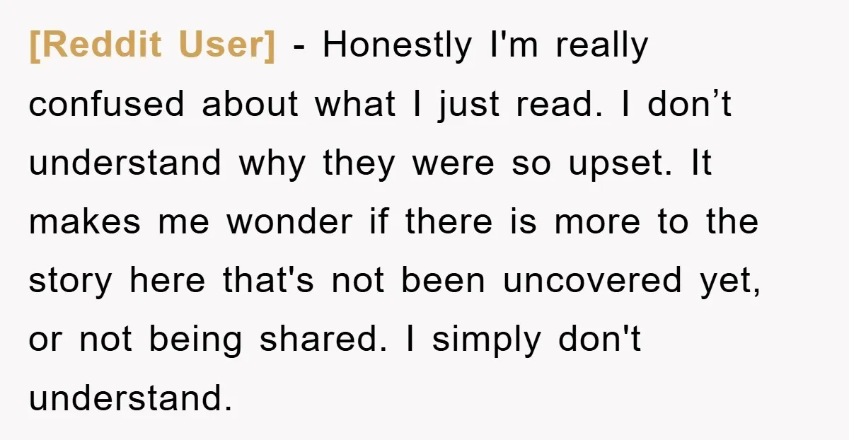 [Reddit User] − Honestly I'm really confused about what I just read. I don’t understand why they were so upset. It makes me wonder if there is more to the...