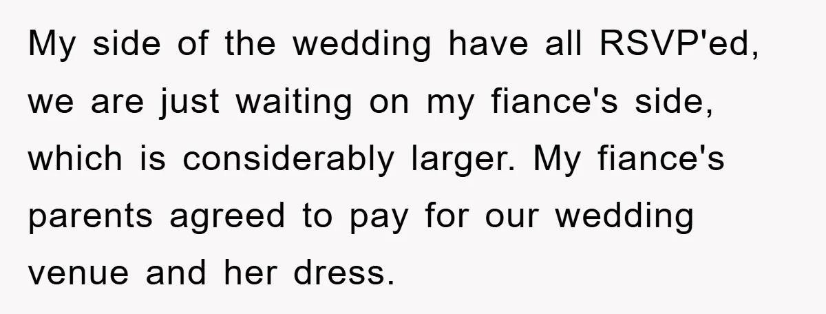 My side of the wedding have all RSVP'ed, we are just waiting on my fiance's side, which is considerably larger. My fiance's parents agreed to pay for our wedding venue...