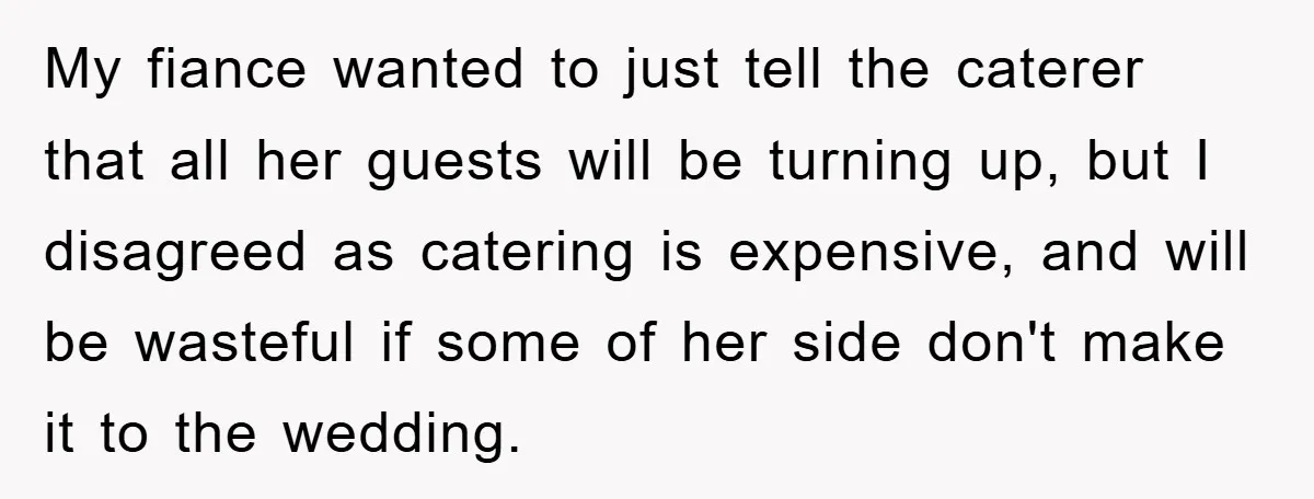 My fiance wanted to just tell the caterer that all her guests will be turning up, but I disagreed as catering is expensive, and will be wasteful if some of...