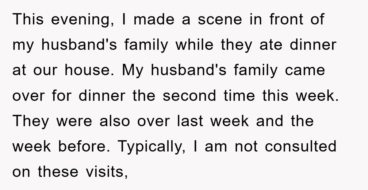 This evening, I made a scene in front of my husband's family while they ate dinner at our house. My husband's family came over for dinner the second time this...