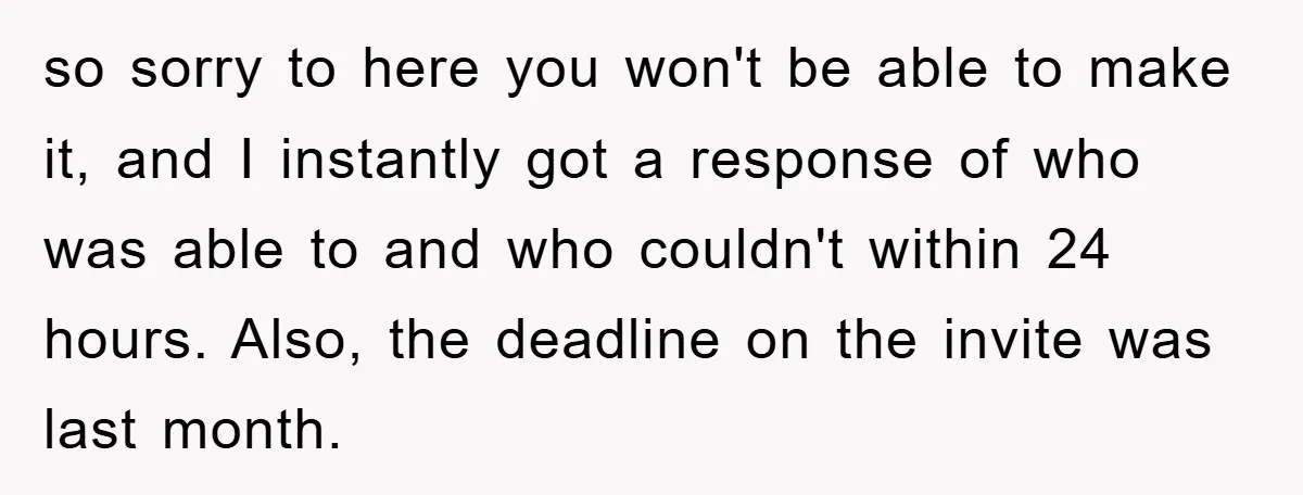 so sorry to here you won't be able to make it, and I instantly got a response of who was able to and who couldn't within 24 hours. Also, the...