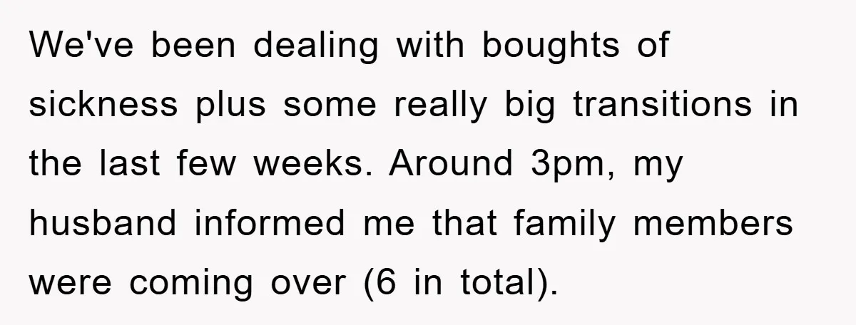 We've been dealing with boughts of sickness plus some really big transitions in the last few weeks. Around 3pm, my husband informed me that family members were coming over (6...
