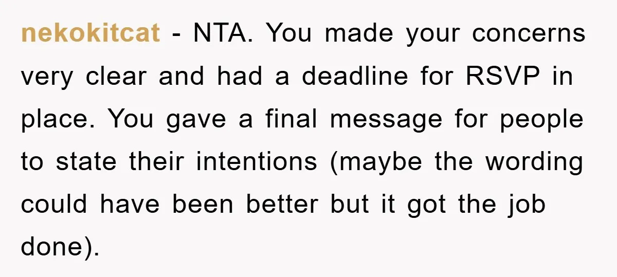 nekokitcat − NTA. You made your concerns very clear and had a deadline for RSVP in place. You gave a final message for people to state their intentions (maybe the...