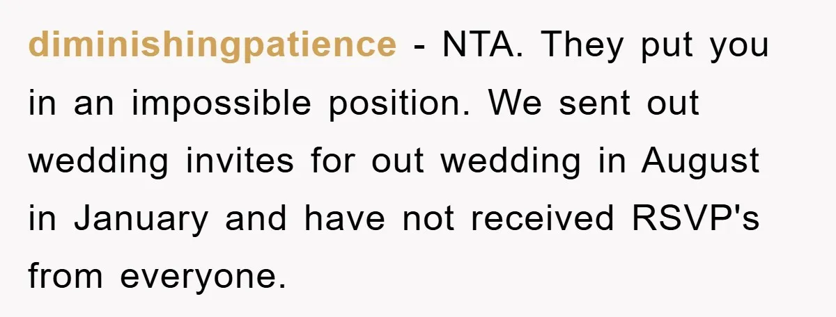 diminishingpatience − NTA. They put you in an impossible position. We sent out wedding invites for out wedding in August in January and have not received RSVP's from everyone.