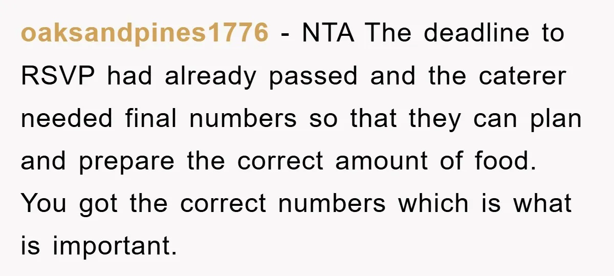 oaksandpines1776 − NTA The deadline to RSVP had already passed and the caterer needed final numbers so that they can plan and prepare the correct amount of food. You got...