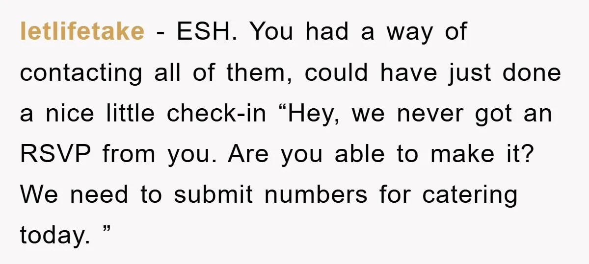 letlifetake − ESH. You had a way of contacting all of them, could have just done a nice little check-in “Hey, we never got an RSVP from you. Are you...