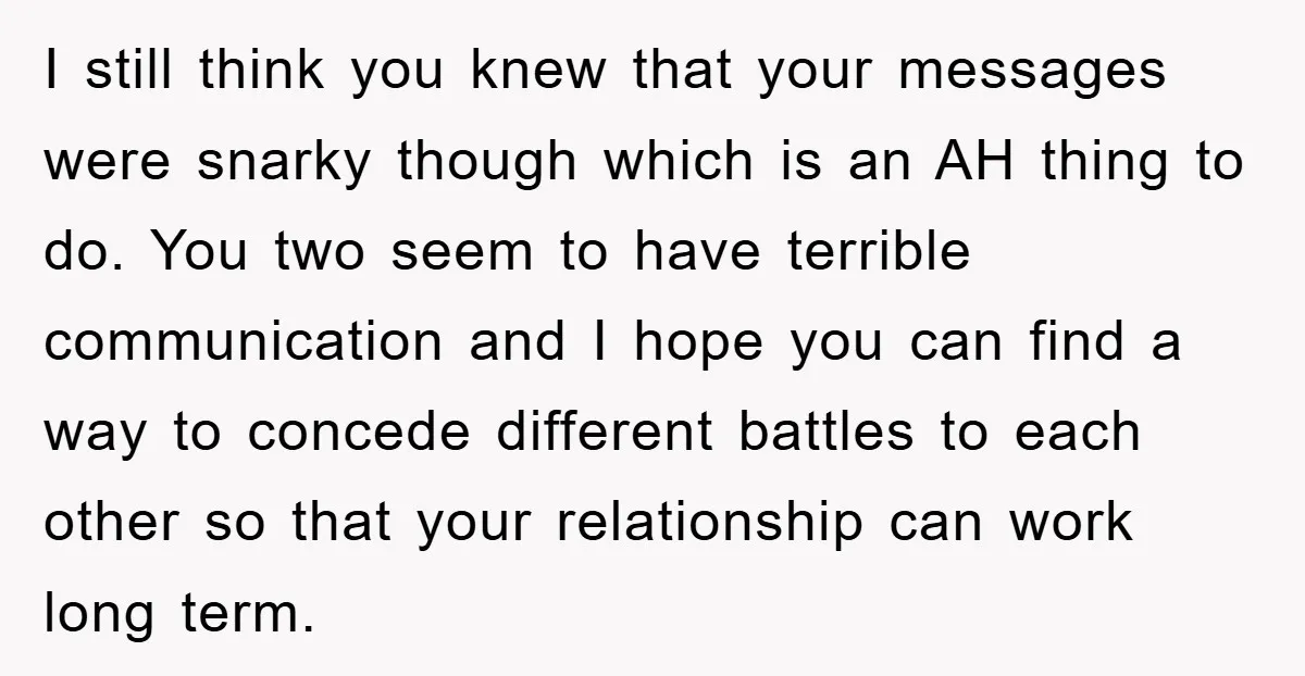 I still think you knew that your messages were snarky though which is an AH thing to do. You two seem to have terrible communication and I hope you can...