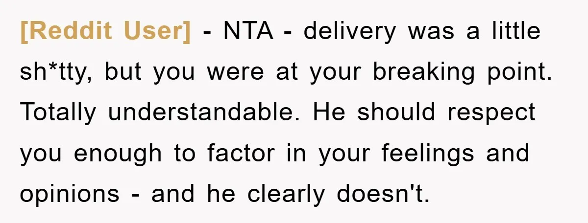 [Reddit User] − NTA - delivery was a little sh*tty, but you were at your breaking point. Totally understandable. He should respect you enough to factor in your feelings and...