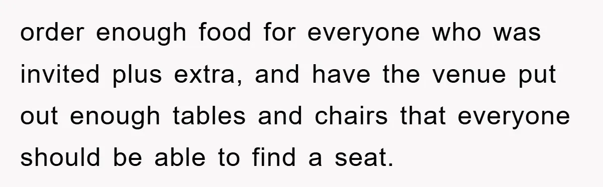 order enough food for everyone who was invited plus extra, and have the venue put out enough tables and chairs that everyone should be able to find a seat.