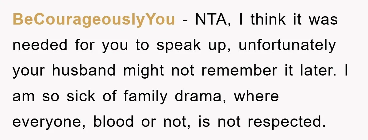 BeCourageouslyYou − NTA, I think it was needed for you to speak up, unfortunately your husband might not remember it later. I am so sick of family drama, where everyone,...